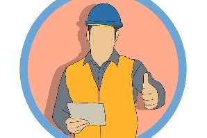Bauarbeiter mit Papierstück in der Hand